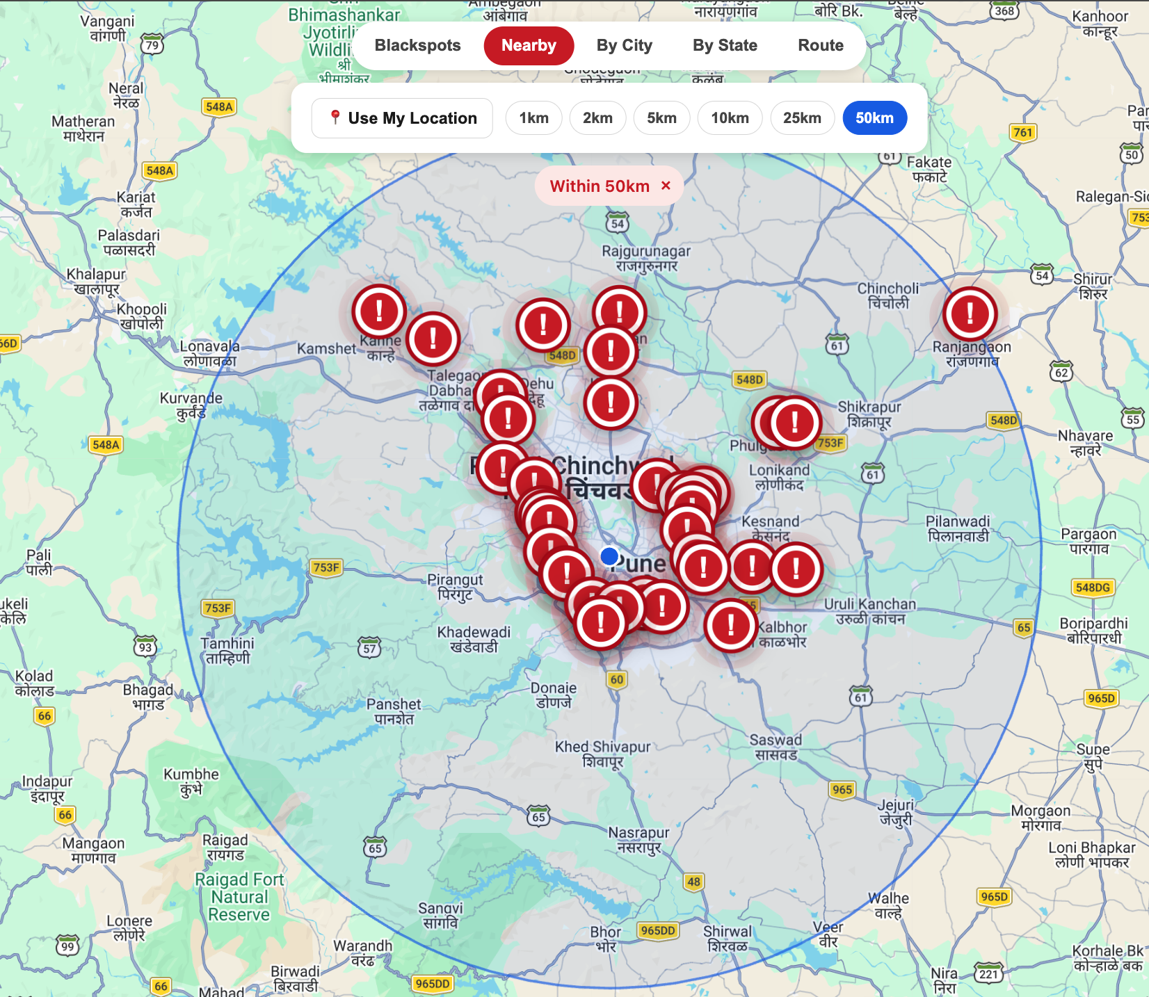 Map of accident black spots